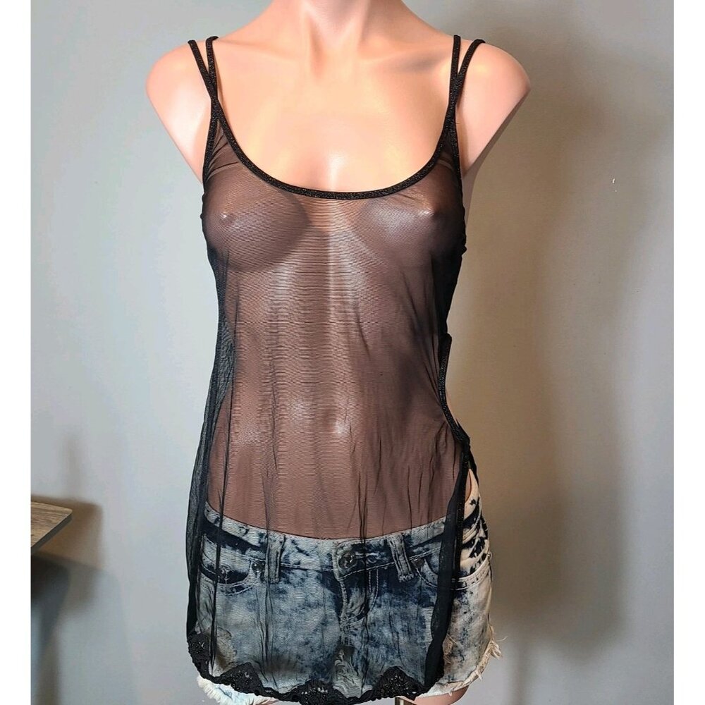 Victorias Secret Vintage Black Sheer Beaded Lace Trim Nightie Top Y2K‎ Sz Medium